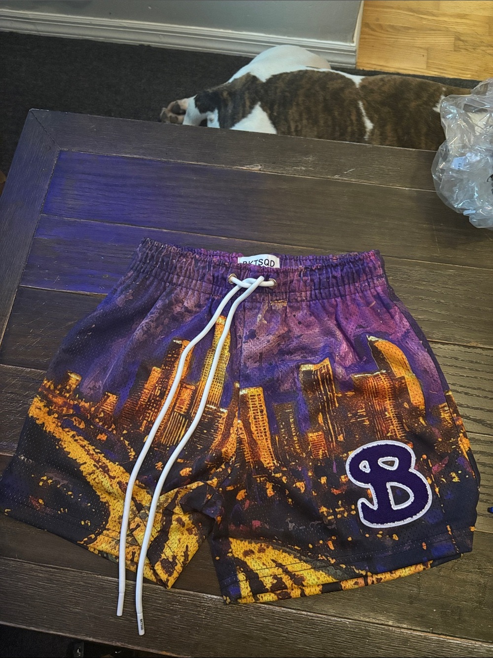 Kids Purple & Gold bucket squad Graphic Swim Shorts with Drawstring nwot